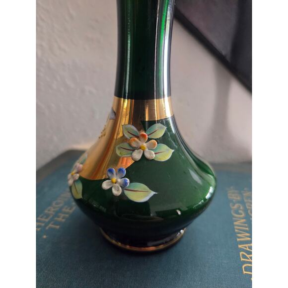 Bohemian Green Glass Vase 7" with Enamel Flowers & 22KT Gold Gilt Decoration - Picture 4 of 10